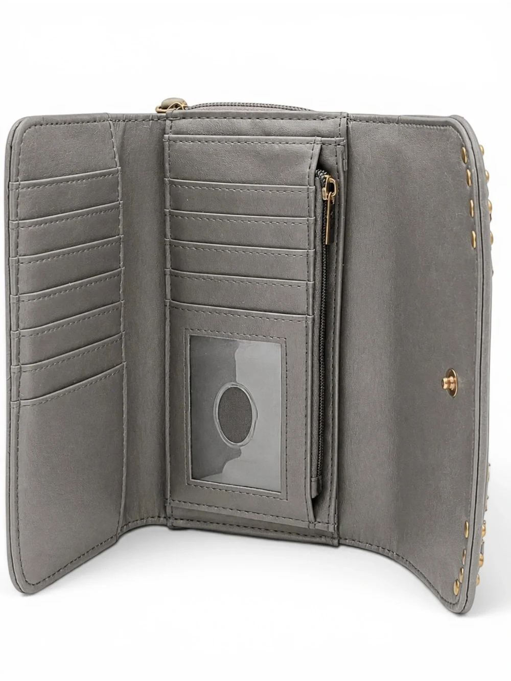 B O C Born Concept Gray Tooled Faux Leather Clutch Wallet Studded Boho Organizer